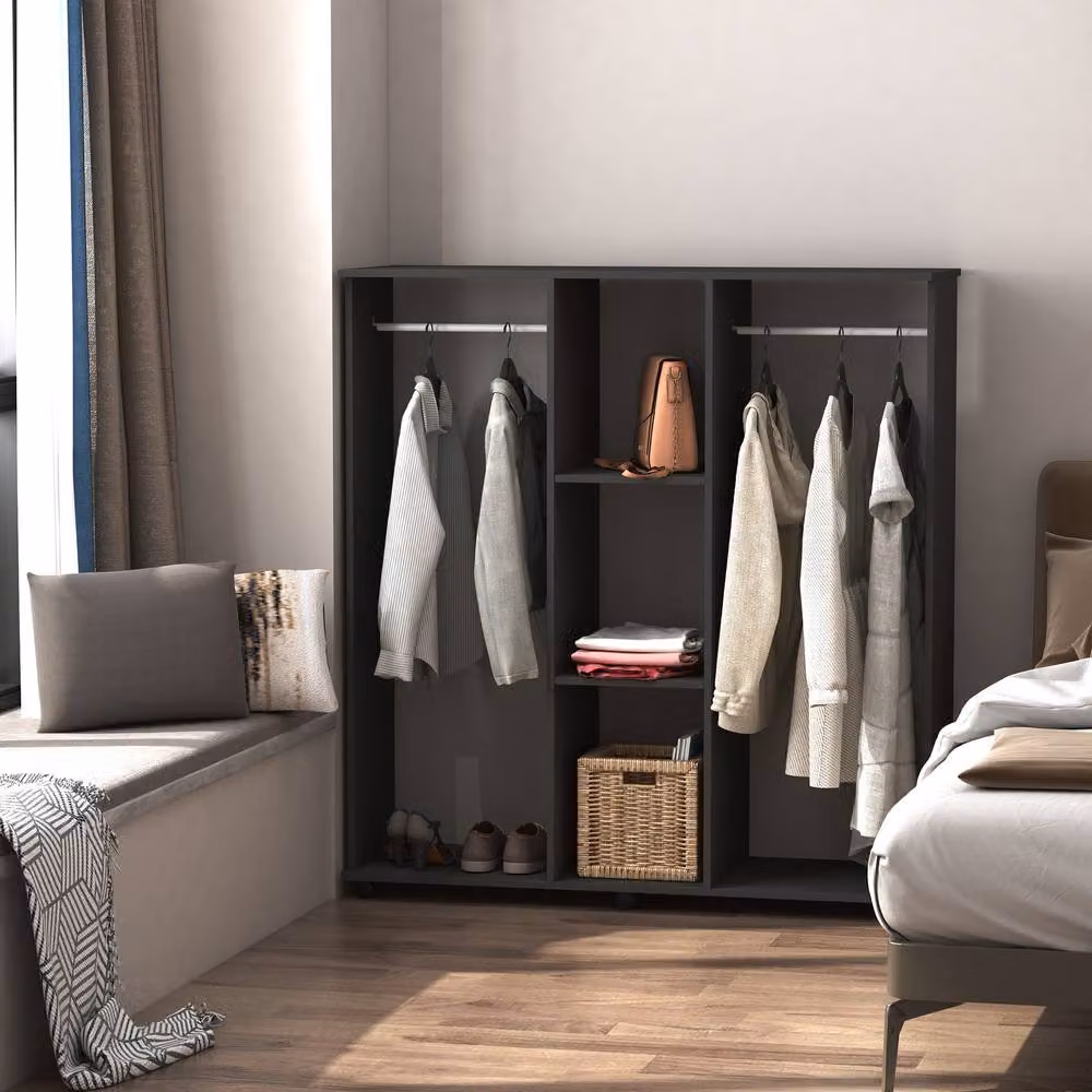 STILVORA Modern Open Wardrobe with Shelves and Wheels in Matt Black – 3