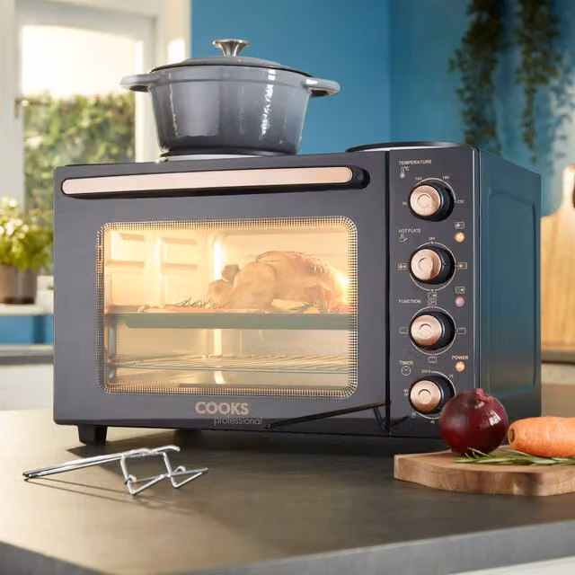Cooks Professional 34L Mini Electric Multifunction Countertop Oven with 2 Hobs in Black and Copper