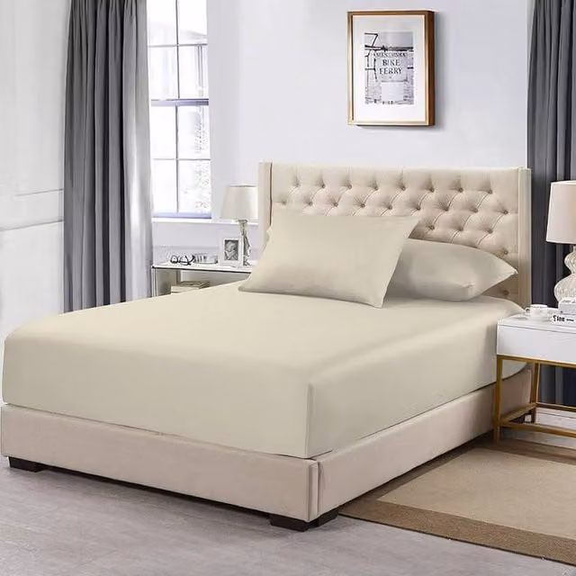 Homes-Linen 100% Egyptian Cotton 200TC Fitted Sheet, Beige, W/D/H: 90 x 200 x 30 cm