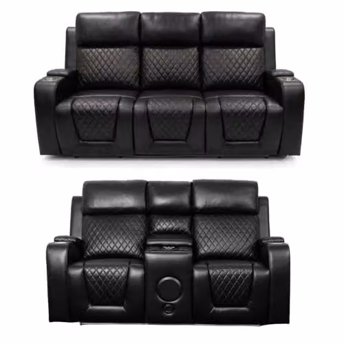 Furnishings For Less UK Felix Black Synthetic Leather Electric Reclining Sofa Suite with 3 Seater and 2 Seater, USB Charging, Cup Holders and LED Lighting