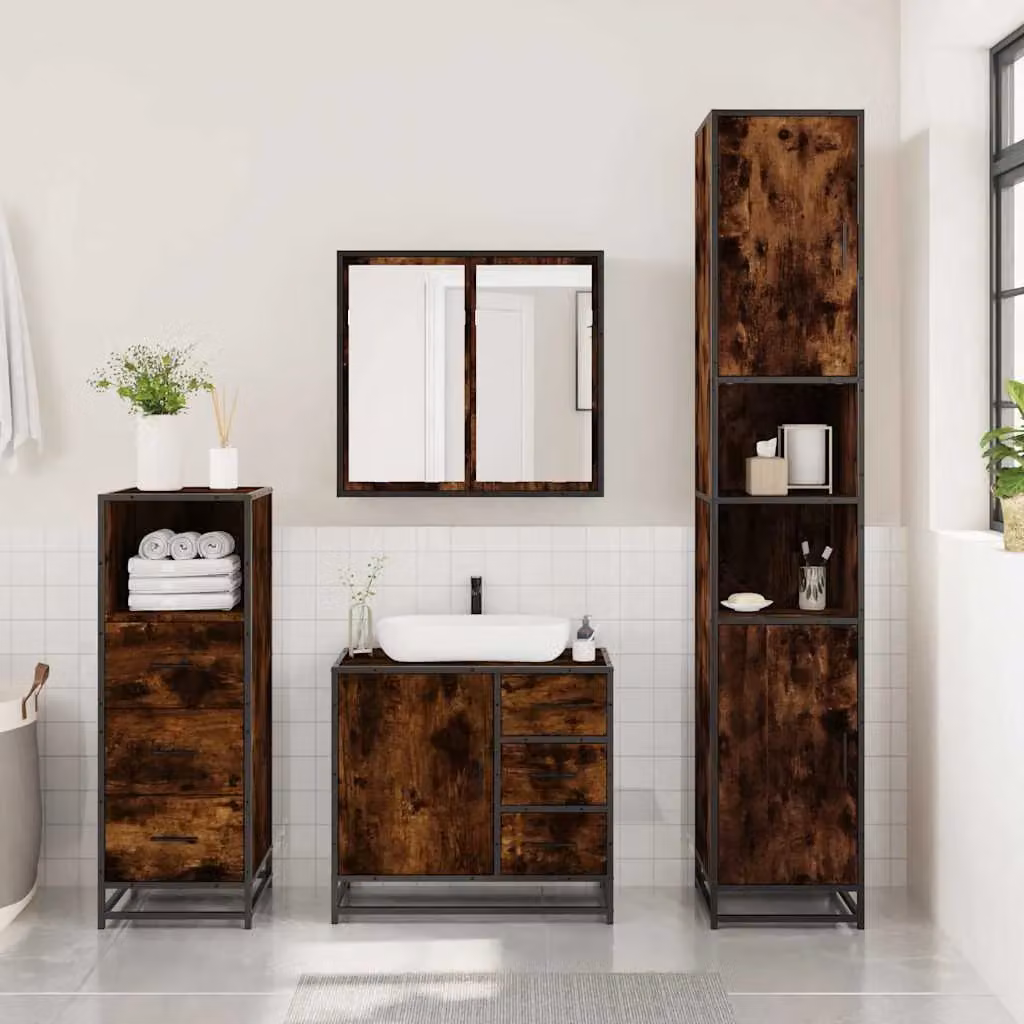 Berkfield Home 3 Piece Industrial Bathroom Furniture Set in Smoked Oak Brown – 3
