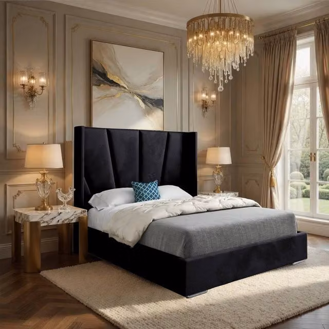 Casani Farleigh Super King Upholstered Designer Bed Frame in Black Soft Velvet, W/D/H: 200 x 137 x 189 cm