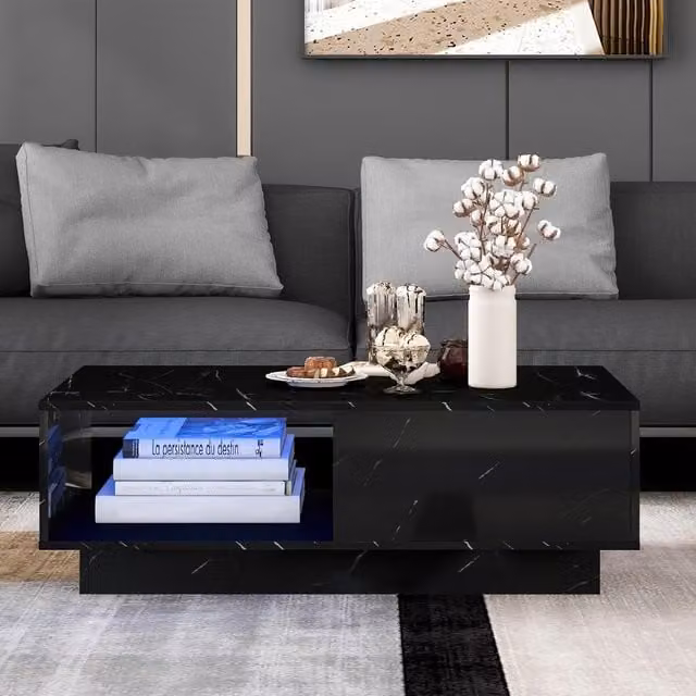 Comfy Living Modern Rectangular LED Coffee Table in Black Glossy Marble Stone