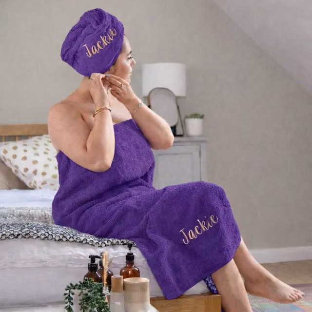 Duncan Stewart Women's Personalised Towelling Sarong and Hair Turban Wrap Set in Purple – 3