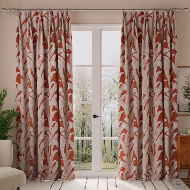 Linda Barker Evergreen Leaf Made to Measure Opaque Cotton Floral Curtain in Burnt Sienna Orange
