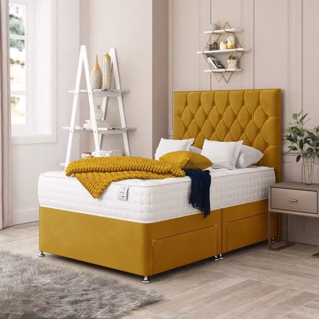 Bed Choices Monaco Upholstered Velvet Bed Set with Mattress and Headboard in Yellow, W/D/H: 120 x 200 cm