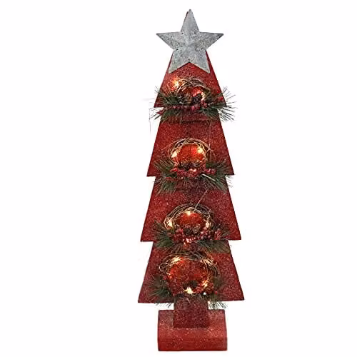 Shatchi Red Wooden Christmas Tree Tabletop Centrepiece with Wreath and 15 Warm White Bulbs, H 80 x W 10 x D 10 cm