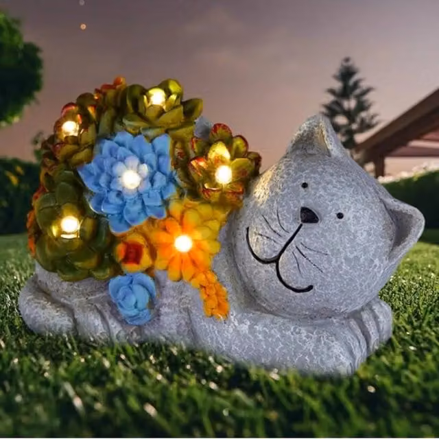 EONLION Garden Cat Stone Statue with LED Lights in Grey and Multicolour – 1
