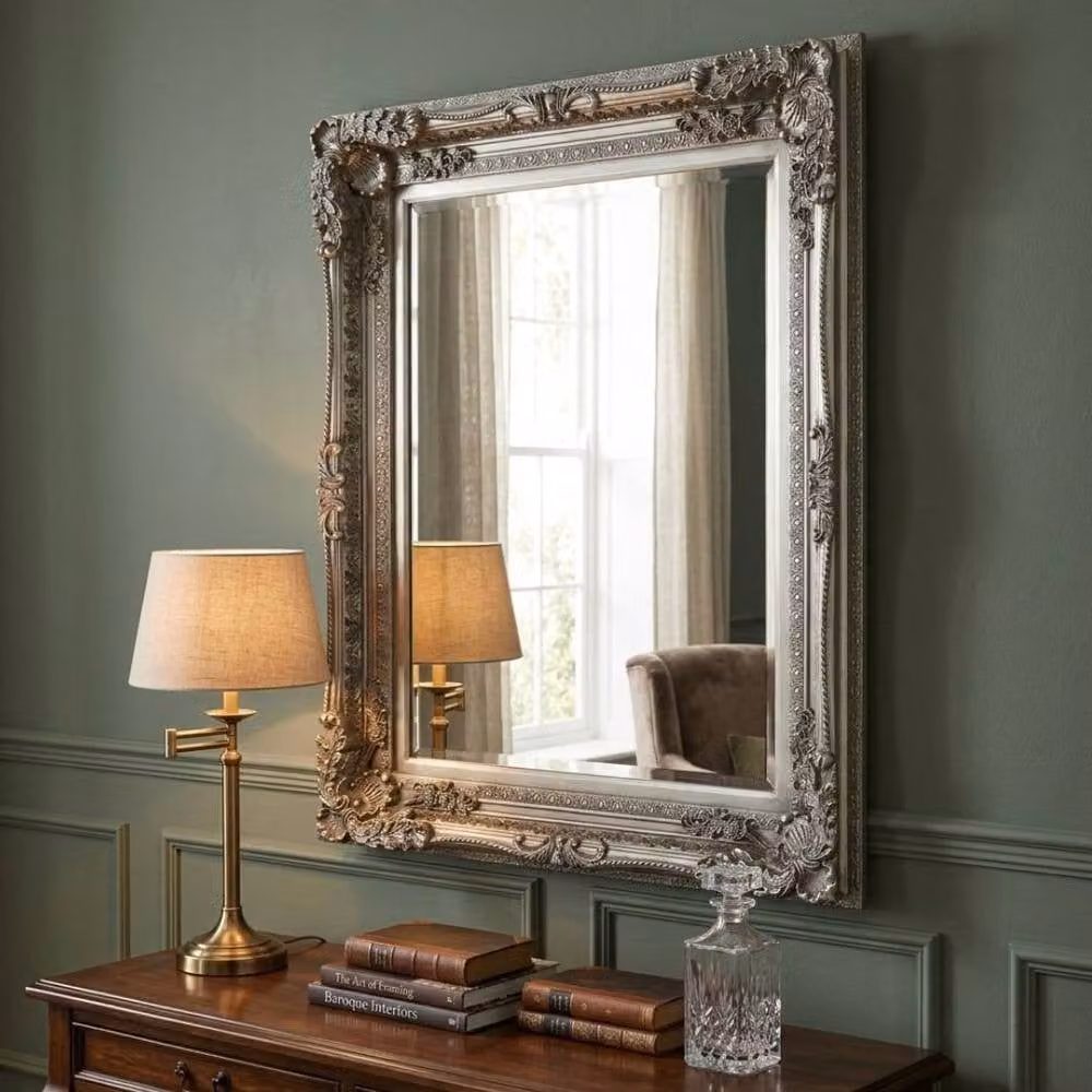 HOME LUXE INTERIOR Vintage Silver Ornate Antique Style Wall Mirror, W/H: 90 x 120 cm – 1