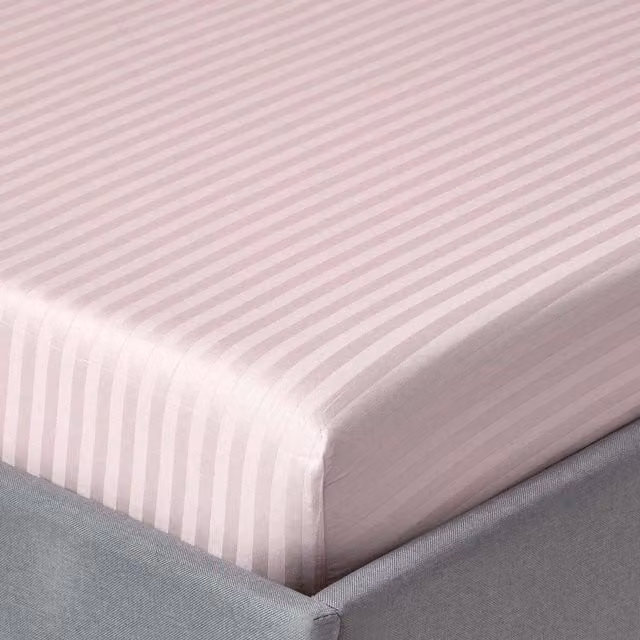 Homescapes 330 Thread Count Egyptian Cotton Mako Satin Striped Fitted Sheet, Dusky Pink, W/D/H: 90 x 200 cm
