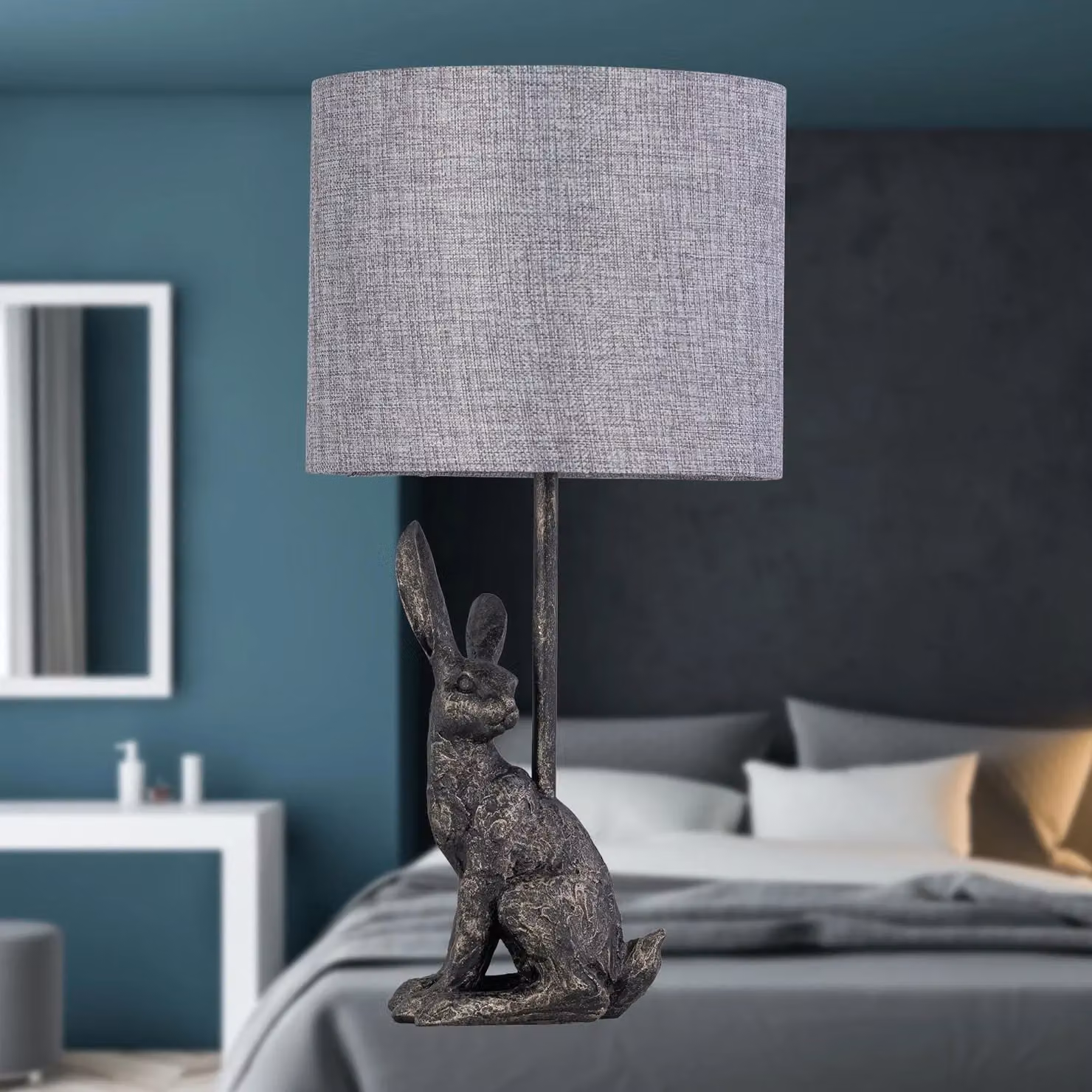 First Choice Lighting Henrietta Antique Gold Rabbit Table Lamp with Grey Linen Shade – 4