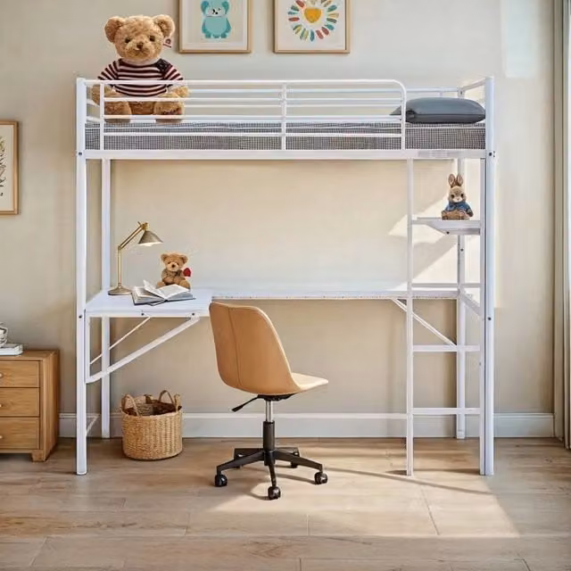 KORVIXA Metal Single Loft Bed Frame with Desk and Side Compartments in White, W/D/H: 90 x 190 x 148 cm