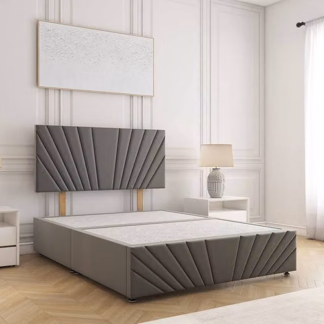 BSSPOKE Rose Plush Velvet Divan Bed Set with 24 inch Headboard in Grey, Single, W/D/H: 90 x 190 cm