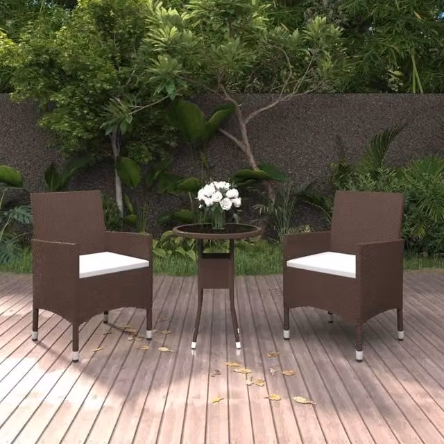 Berkfield Home 3 Piece Brown Poly Rattan Garden Bistro Set with Tempered Glass Table – 1