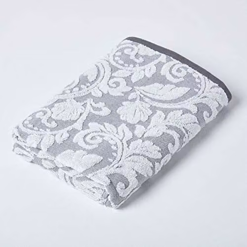 HOMESCAPES Luxury Silver Grey Damask Patterned Bath Towel, 100% Turkish Cotton, 600GSM