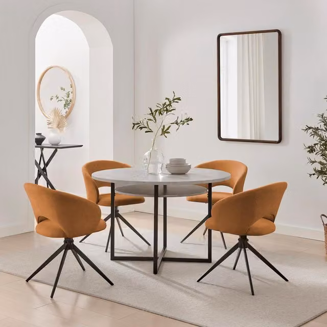 Furniturebox UK Adley Round Grey Concrete Effect Dining Table with 4 Anika Swivel Chairs in Terracotta