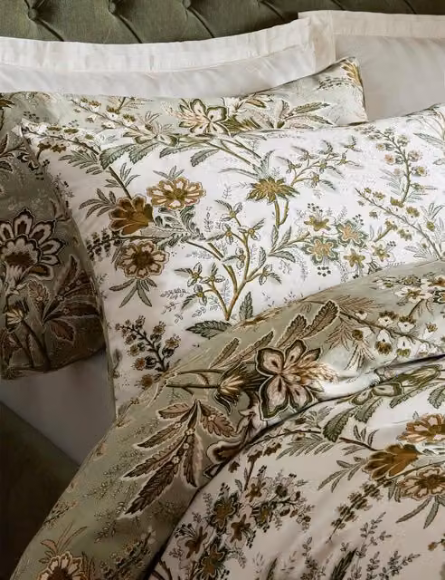 Laura Ashley Marlbrook 2 Pack Pure Cotton Sateen Floral Pillowcases in Sage Green