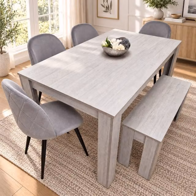 Kosy Koala Modern Geometric Dining Table Set with 4 Chairs and Bench in Grey and Brown