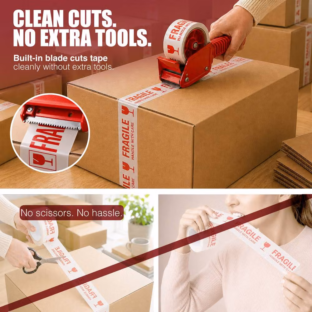 Kayman Heavy Duty White Packing Tape with Dispenser, 6 Rolls (Width: 48 mm, Length: 66 m) – 6