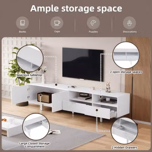 Aosom UK Elegant Bohemian White TV Entertainment Center with Cabinet and Drawers, W: 200 cm, D: 40 cm, H: 51 cm – 3