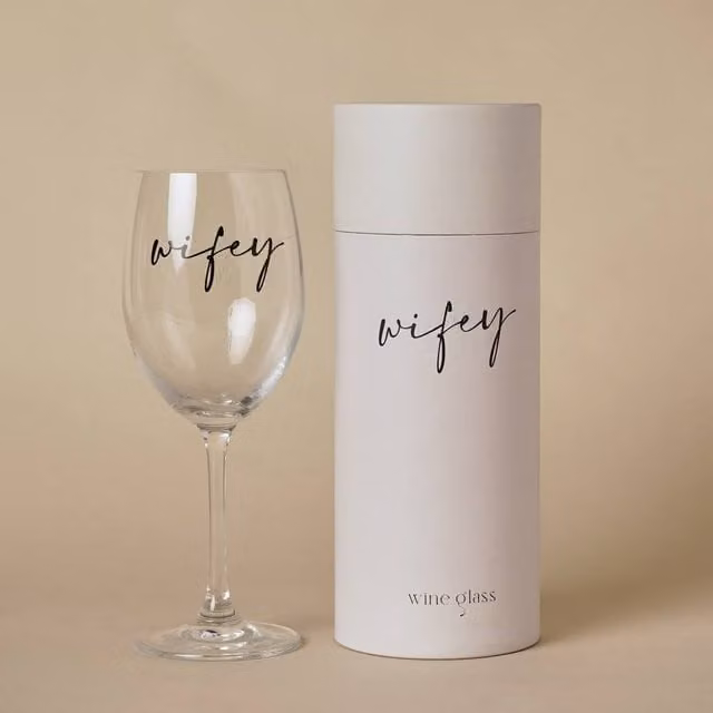 Amore by Juliana Wifey Wedding Gift Wine Glass in Clear with Black Text