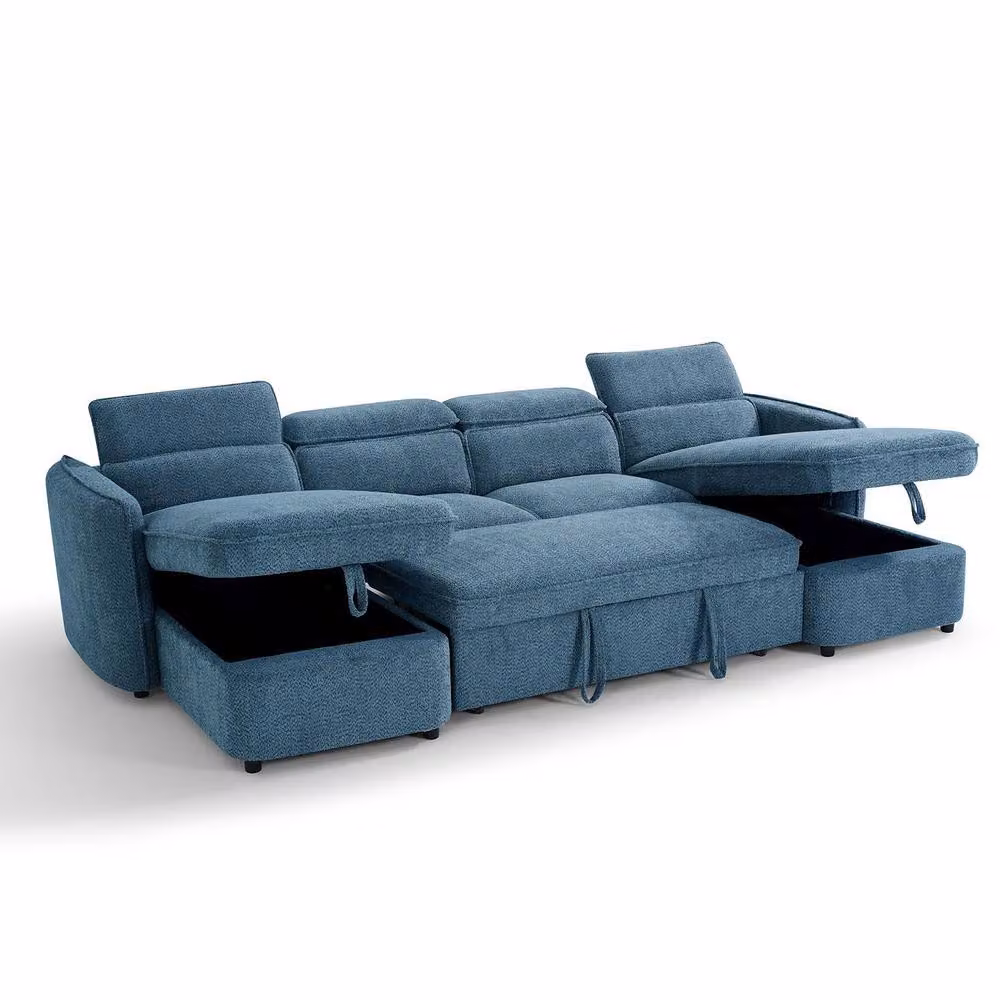 Furnishings For Less UK Ria 4 to 5 Seater Blue Fabric U-Shaped Sofa Bed with Tilting Headrest and Storage – 2