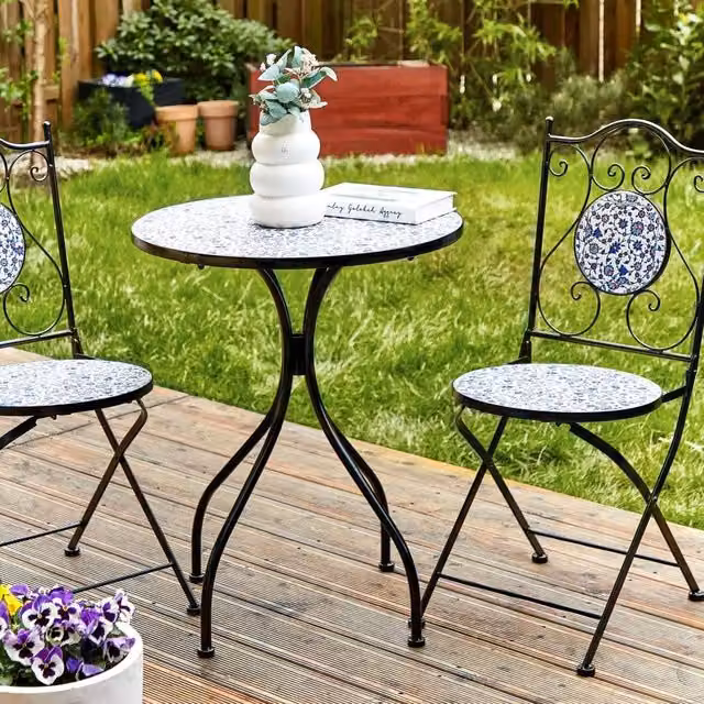 Wyld and Coco Mediterranean Bistro Set in Black Powder Coated Iron and Blue Floral Ceramic – 1