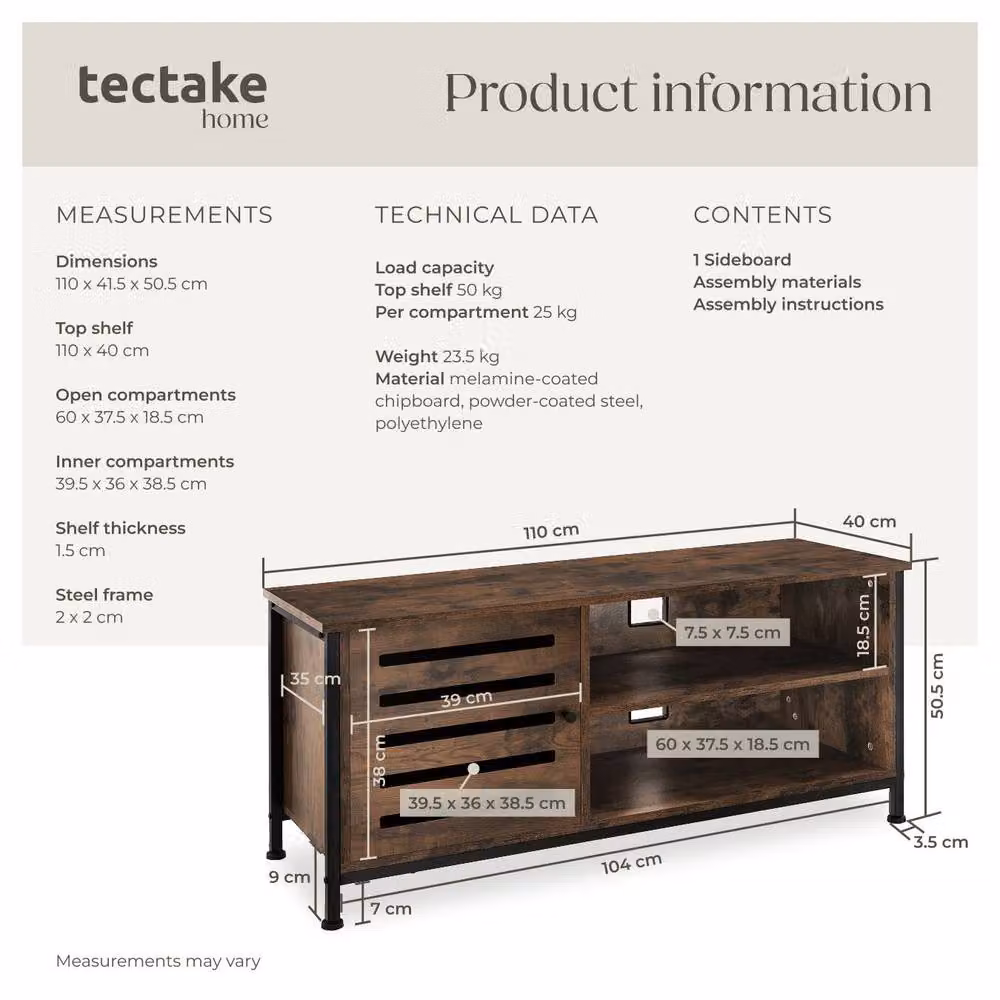 tectake Galway Industrial TV Stand in Brown and Black, Width: 110 cm – 6