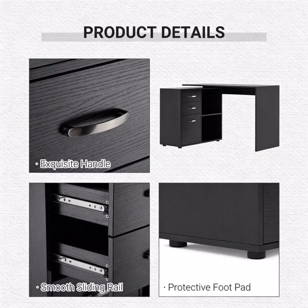 STILVORA L-Shaped Corner Desk with Drawers, Cabinet and Shelves in Black Matt MDF – 8