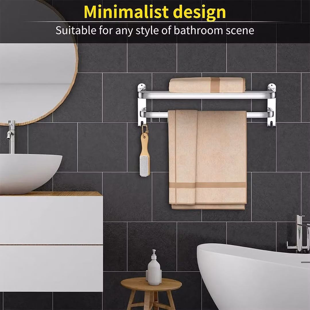 Hinsinc Double Tier Wall Mounted Stainless Steel Bathroom Towel Rail with Folding Shelf and Hooks in Silver – 5