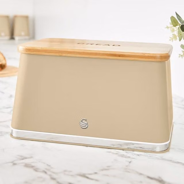 Swan Bread Bin with Wooden Cutting Board Lid in Pink and Beige