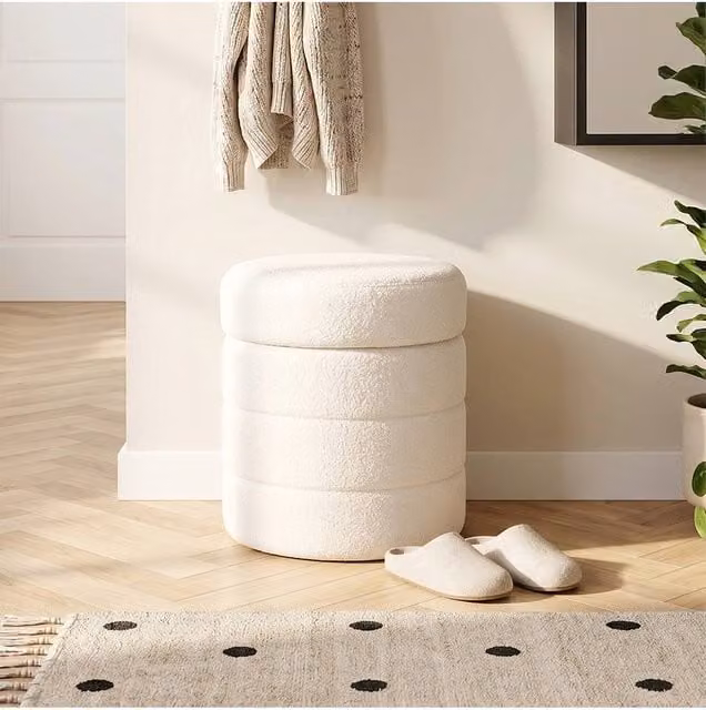 Living and Home Teddy Fleece Upholstered Storage Ottoman in White