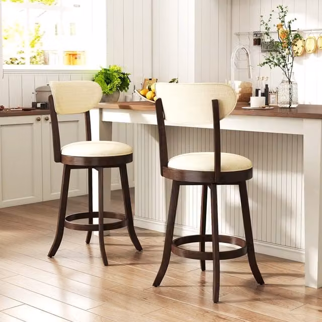 Set of 2 COSTWAY Swivel High Stools in Brown Fabric with Rubberwood Legs