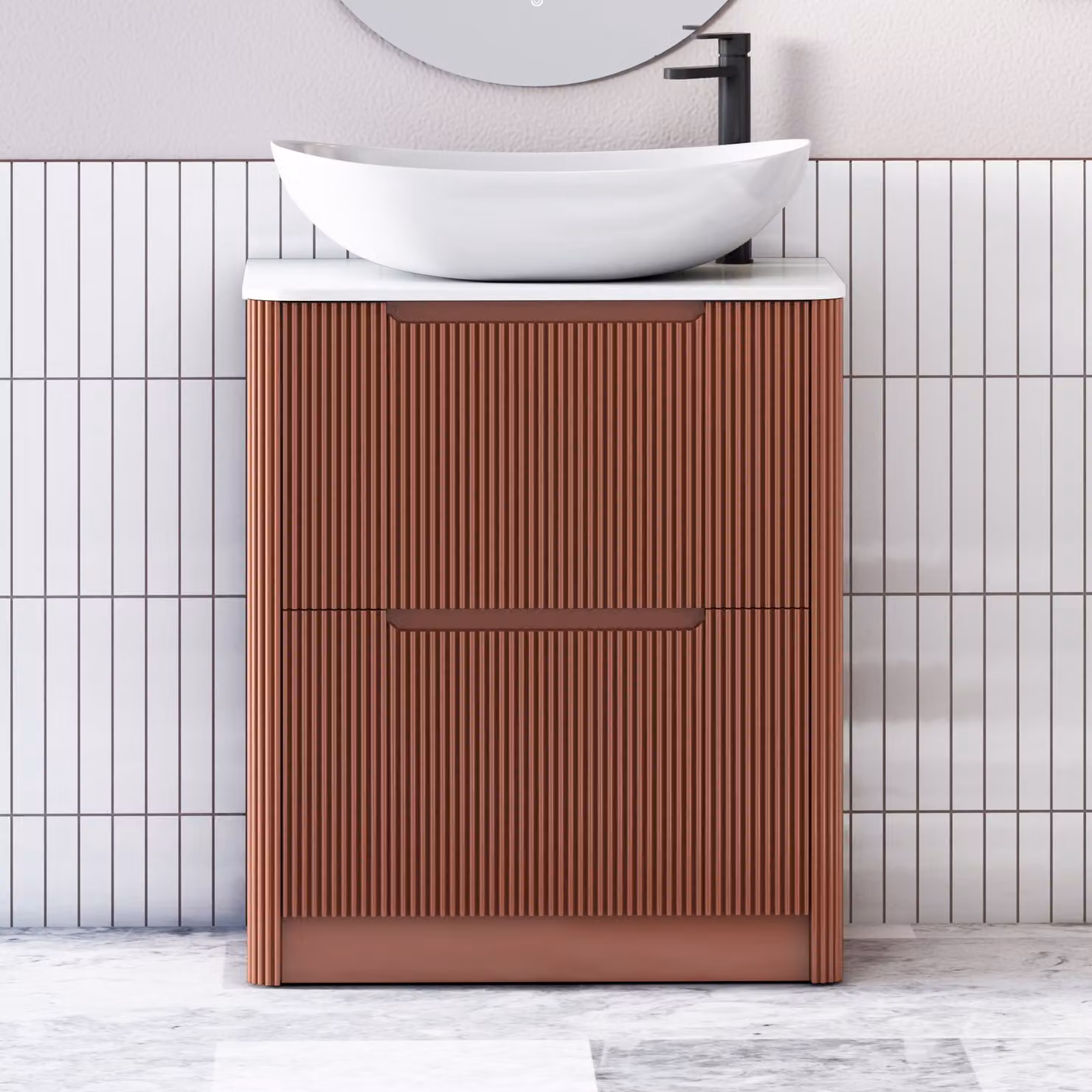 Royal Bathrooms Avenza Terracotta Clay Floor Standing 2 Drawer Vanity Unit with Cesar Basin and White Worktop, Width: 80 cm