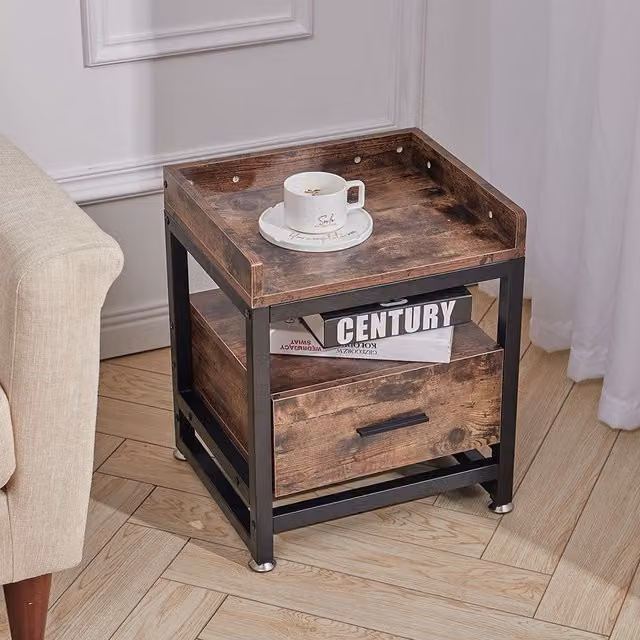 Livingandhome Industrial Bedside Table with Solid Wood Drawer and Shelf in Brown