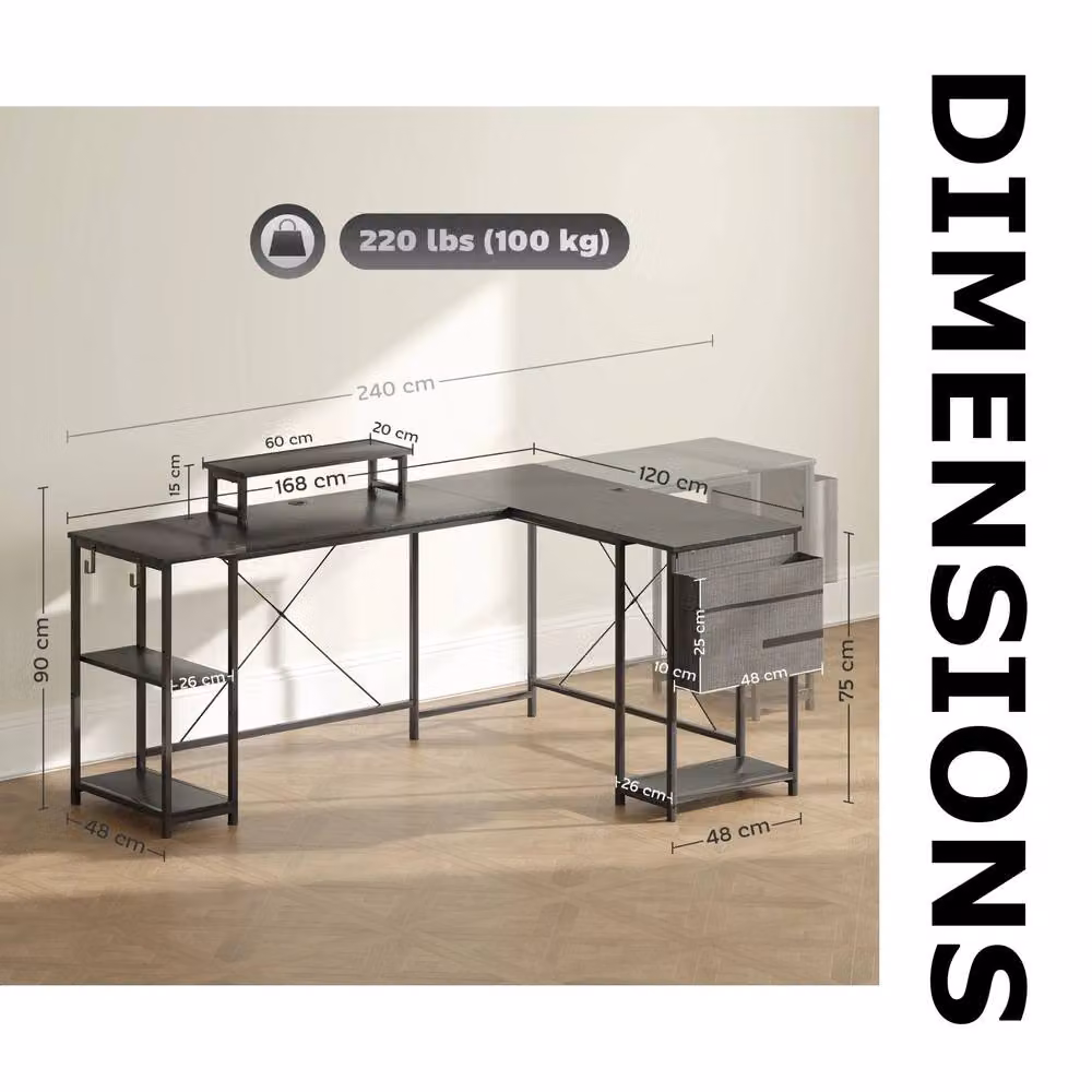 FURNOS Industrial L Shaped Corner Computer Desk in Black, W/D/H: 168 x 120 x 76 cm – 7