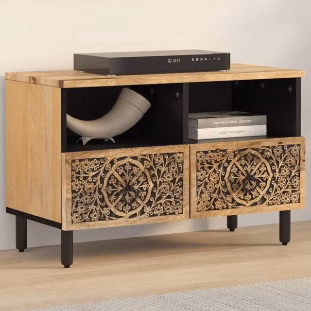Berkfield Home Retro Solid Mango Wood TV Cabinet in Brown, W/D/H: 70 x 33 x 46 cm