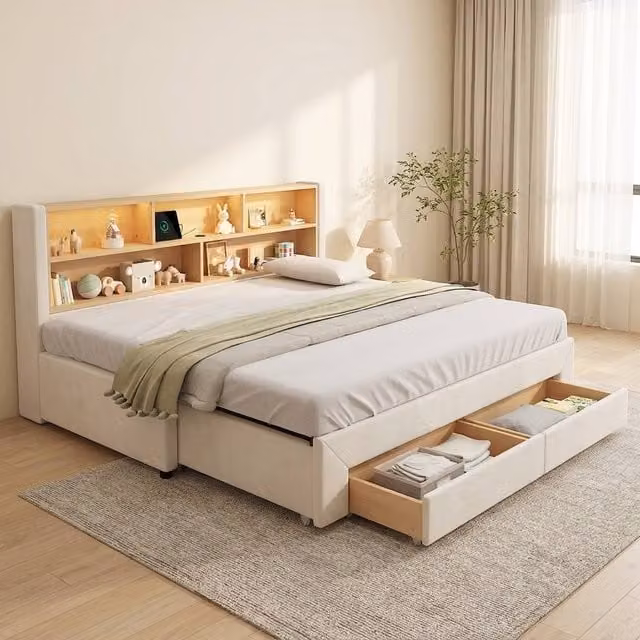 STILVORA 3-in-1 Extendable Single Sofa Bed Frame with LED Headboard, USB Charging and Storage Drawers in Beige Velvet Fabric, W/D/H: 90 x 190 cm – 1