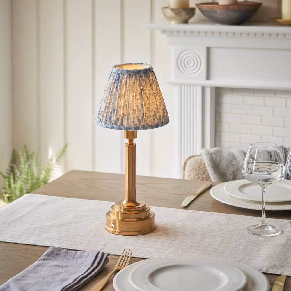 Netlighting Upton Rechargeable LED Table Lamp with Blue Fabric Shade and Gold/Brass Metal Base – 2