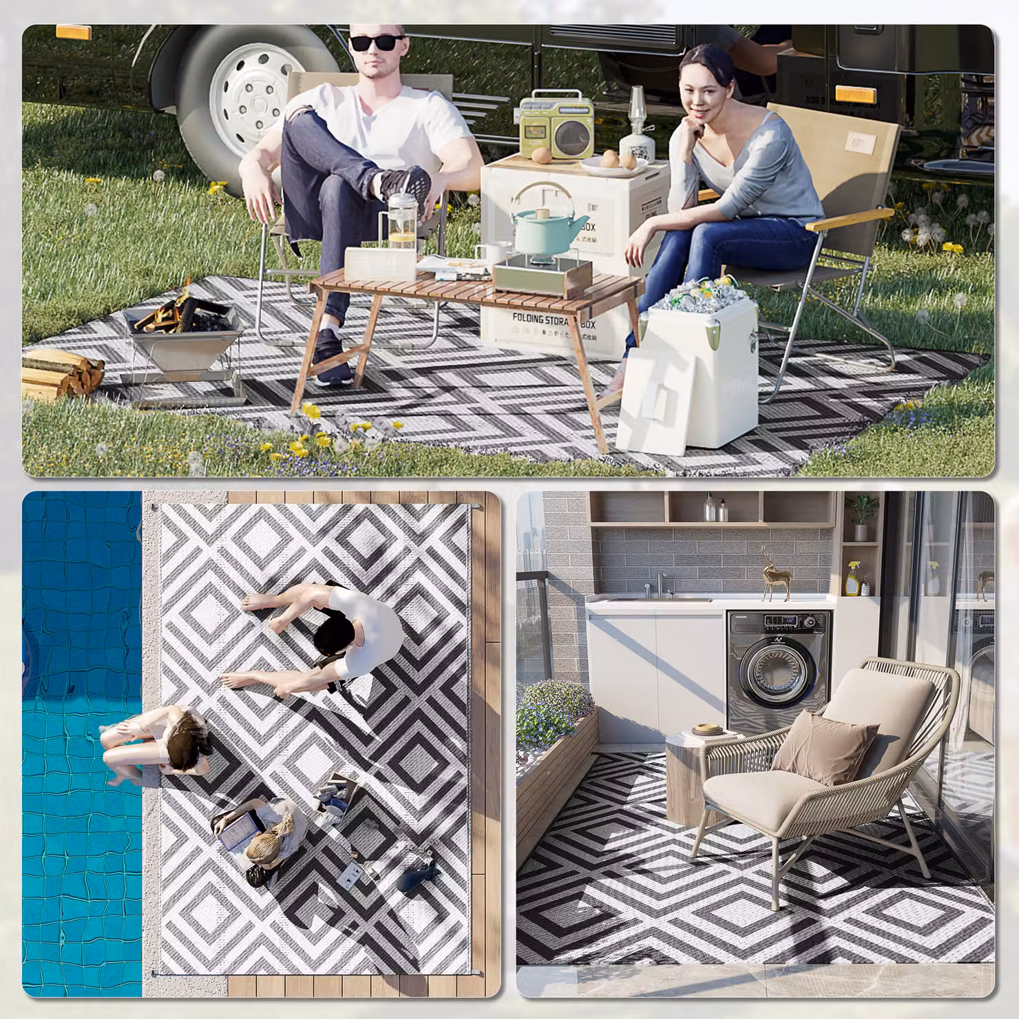 Outsunny Reversible Outdoor Plastic Straw Mat in Black and White Rhombus, W/D/H: 182 x 274 cm – 5