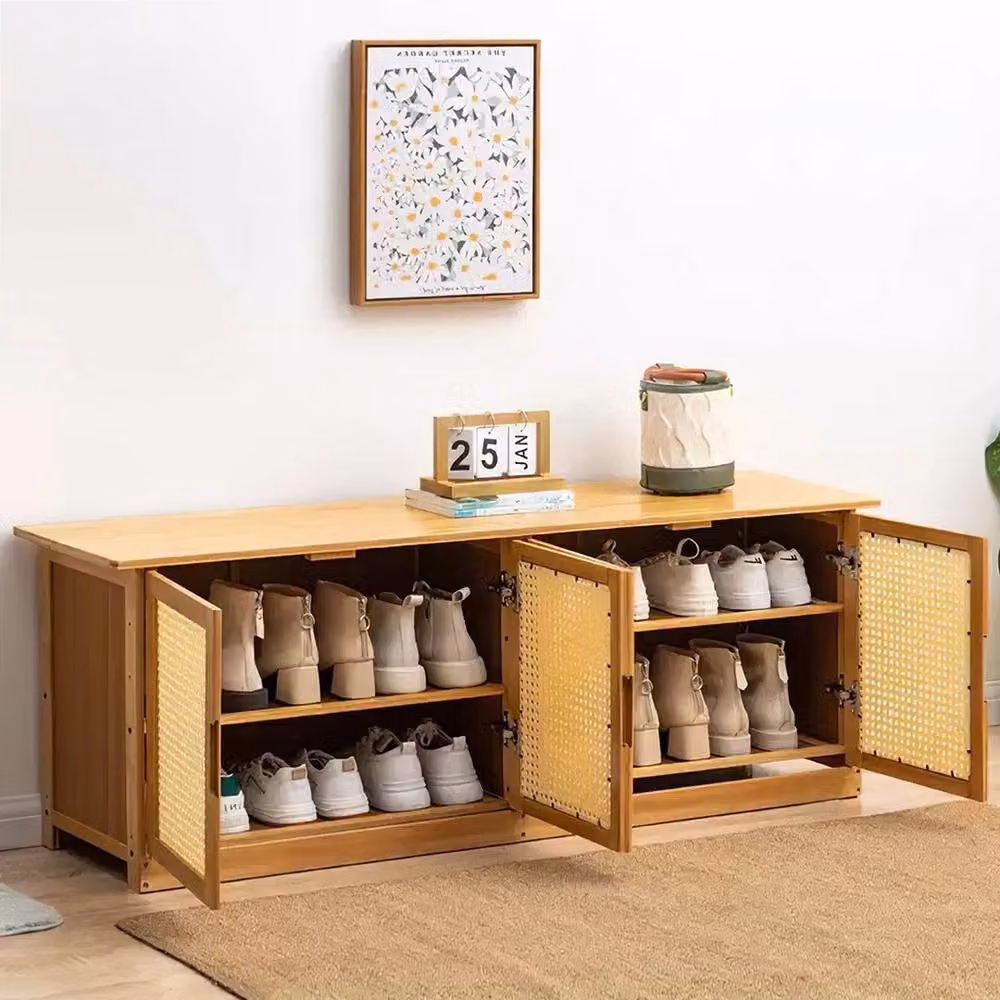KORVIXA Rustic Natural Wood and Rattan Shoe Bench with Storage in Brown – 2