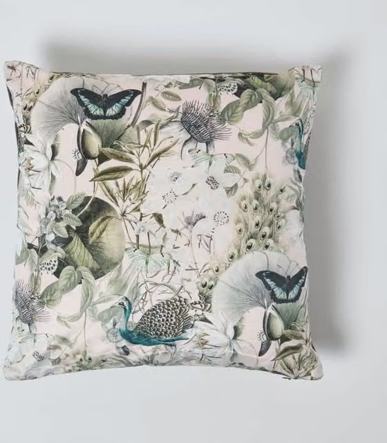 Homescapes Floral Butterfly Garden Pink Velvet Cushion, W/D/H: 46 x 46 x 46 cm