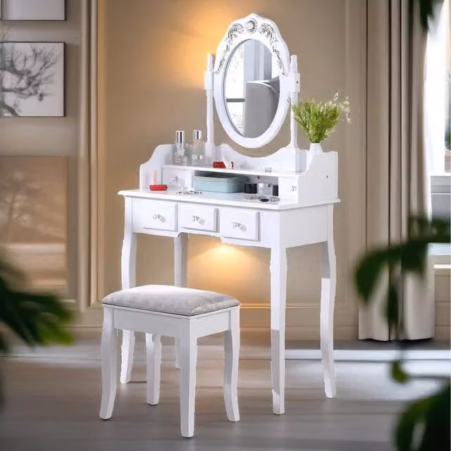 Pirlo Plush White Lacquered MDF Dressing Table with Mirror and Stool