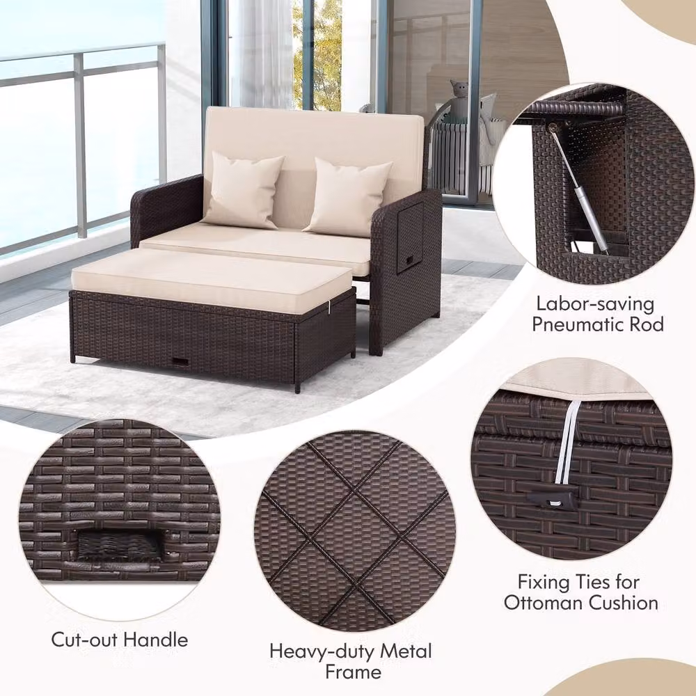 Costway Brown Polyrattan Patio Daybed Set with Loveseat Sofa, Ottoman and Side Tray – 6