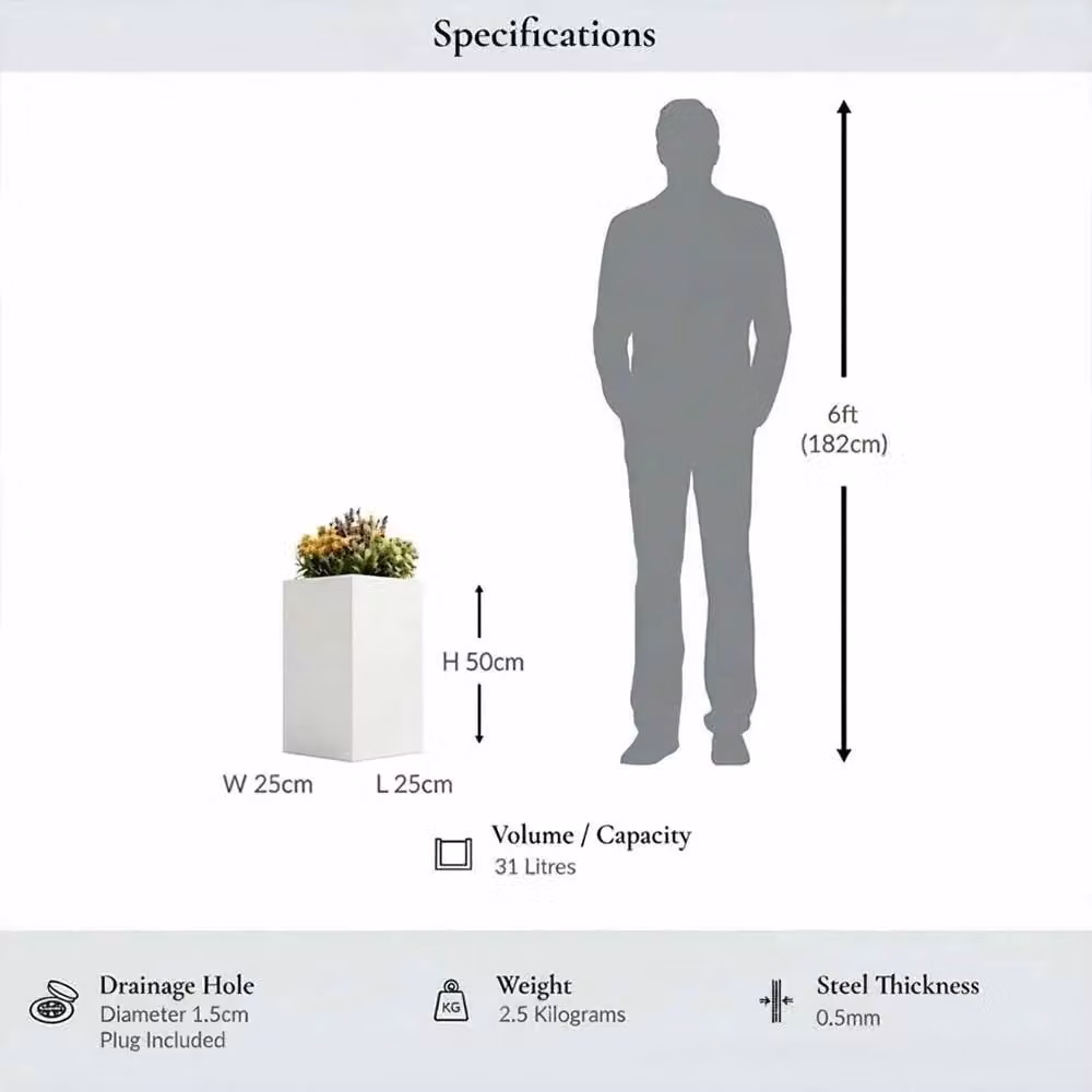Access Garden Products Matte White Tall Square Galvanised Steel Planter, W/D/H: 25 x 25 x 50 cm – 2