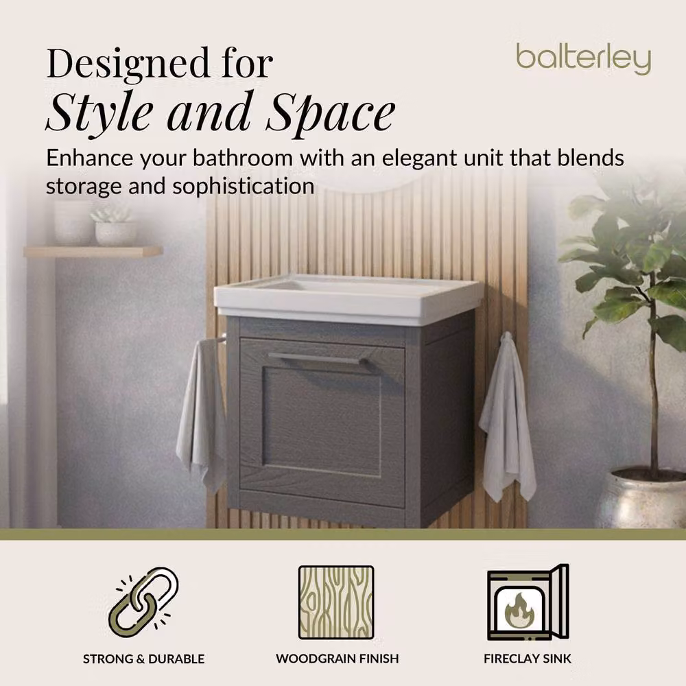 Balterley Wall Hung 1 Drawer Vanity Unit and 0TH Fireclay Basin, Dark Grey, Width: 50 cm – 2