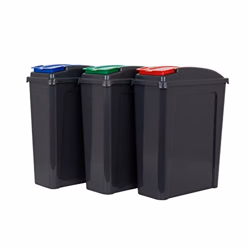 Wham 3 Piece 25L Plastic Recycling Bins with Flip Lids in Grey with Red, Blue and Green Lids