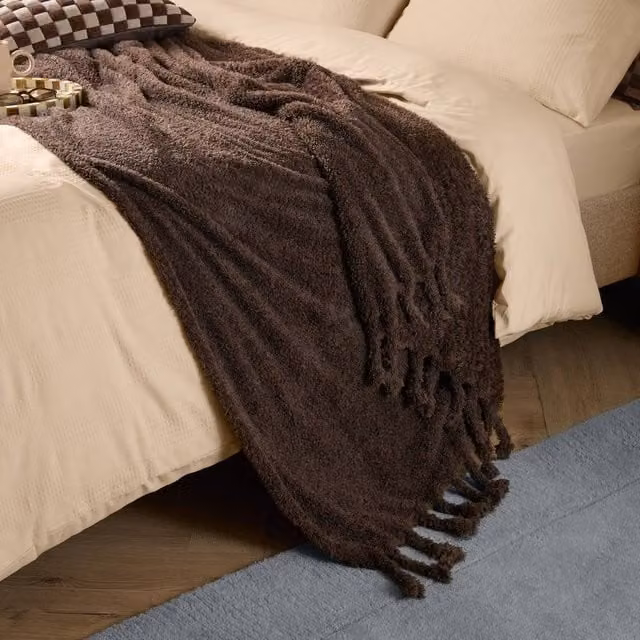 Furn Harlan Borg Brown Sherpa Fleece Tasselled Throw, W: 140 cm, D: 180 cm