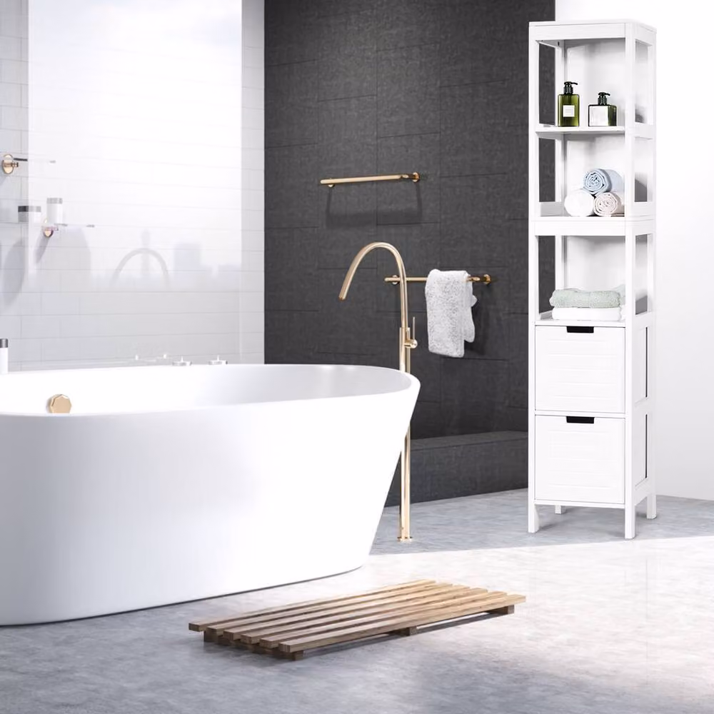 Costway 5-Tier Freestanding Bathroom Tall Cabinet Storage Organizer in White with Drawers and Shelves – 3