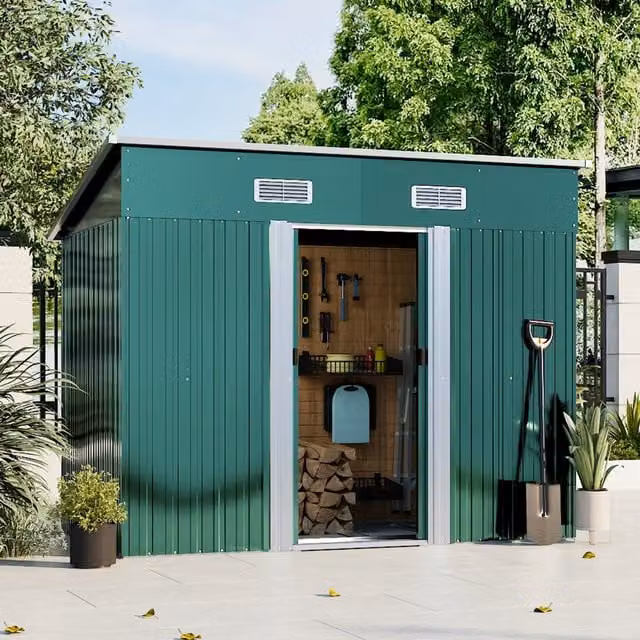 Breeins Metal Tool Storage Compact Garden Shed with Double Doors, Dark Green